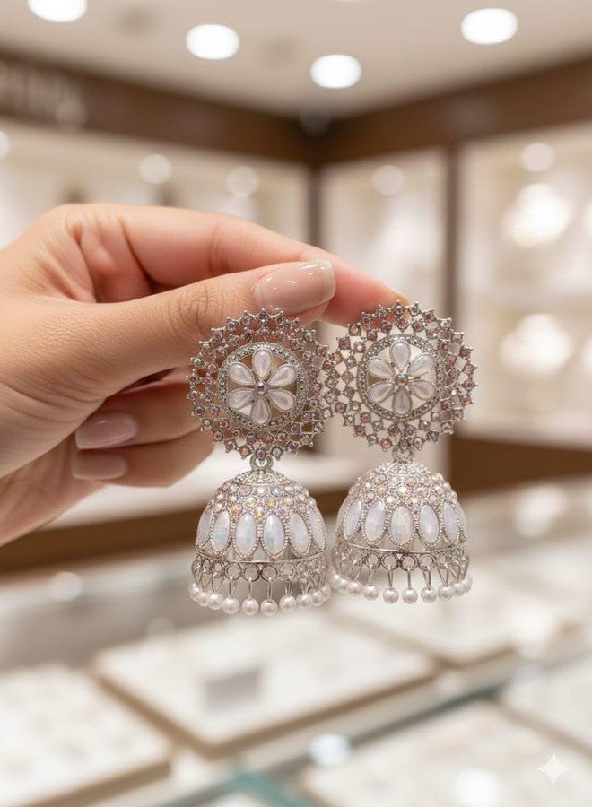 ROSARIO White Round Jhumka Earrings for Women and Girls - Image 2