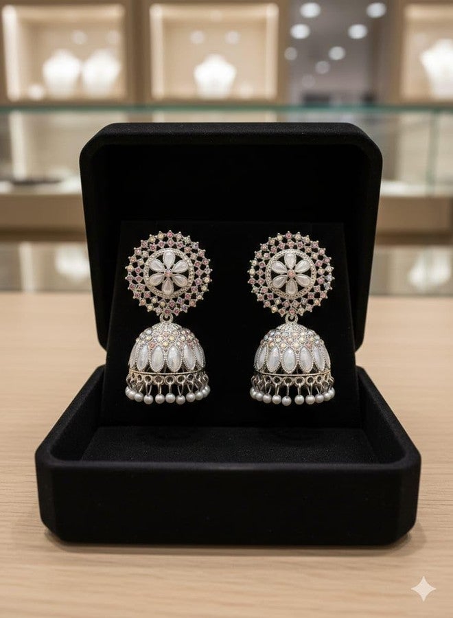 ROSARIO White Round Jhumka Earrings for Women and Girls - Image 5