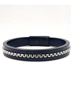 CHRYSOSTOMOS Handmade Black Leather Bracelet with Lava Stone and Cross  - Image 1