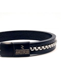 CHRYSOSTOMOS Handmade Black Leather Bracelet with Lava Stone and Cross  - Image 2