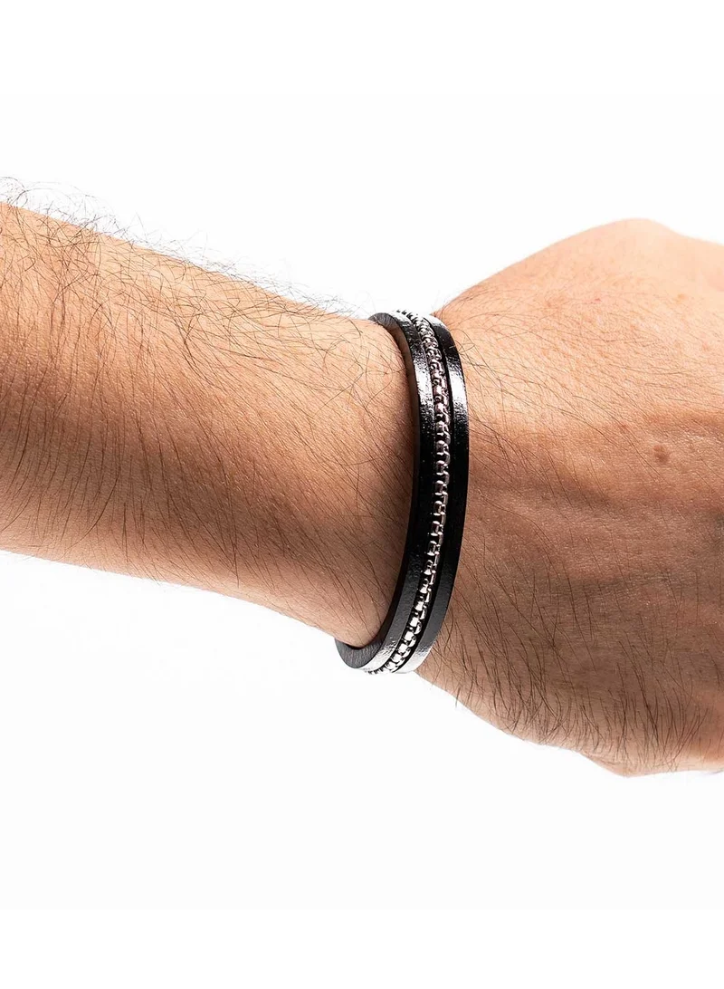 CHRYSOSTOMOS Handmade Black Leather Bracelet with Lava Stone and Cross