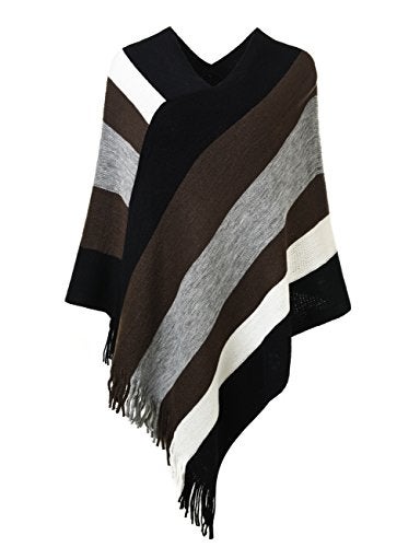 Ferand Women's Striped Poncho Sweater Cozy Knit Fringe Shawl Wraps for Fall Winter - Image 1