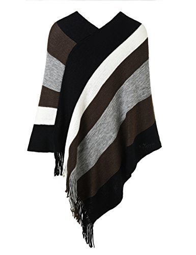 Ferand Women's Striped Poncho Sweater Cozy Knit Fringe Shawl Wraps for Fall Winter - Image 2