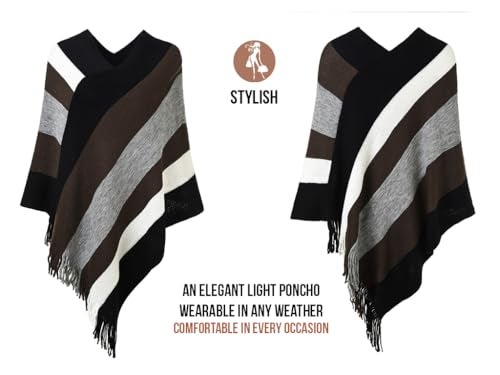 Ferand Women's Striped Poncho Sweater Cozy Knit Fringe Shawl Wraps for Fall Winter - Image 3