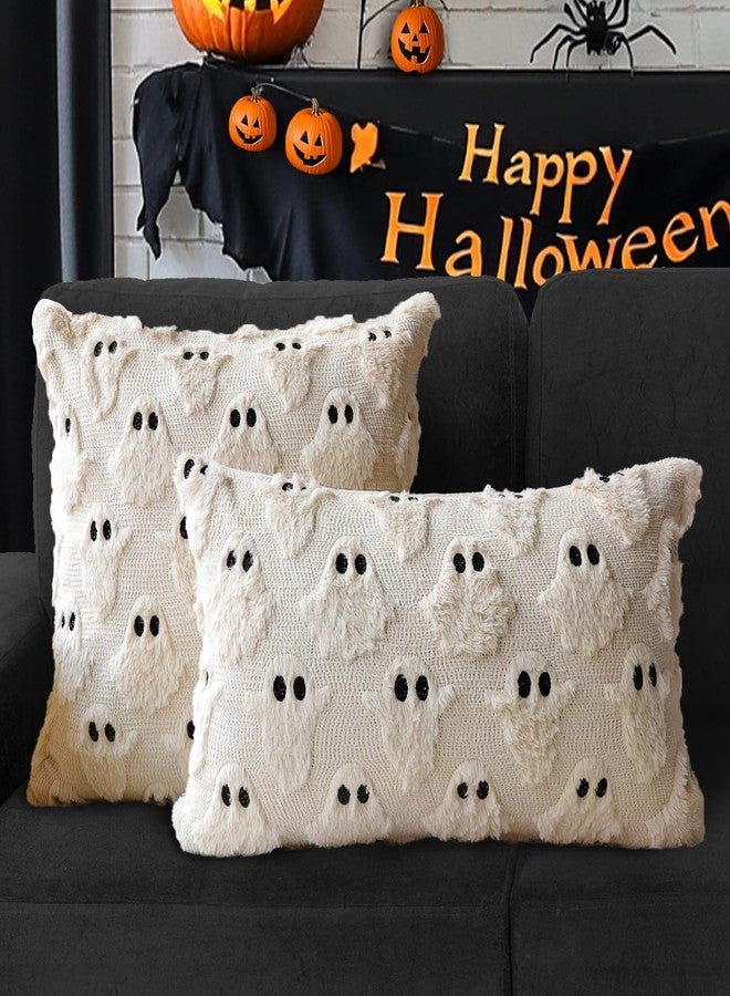4TH Emotion Halloween Ghost Decorative Pillow Covers 18x18 Set of 2, Beige Soft Plush Faux Fur Farmhouse Throw Cushion Cases for Fall Autumn Holiday Home Decorations - Image 4