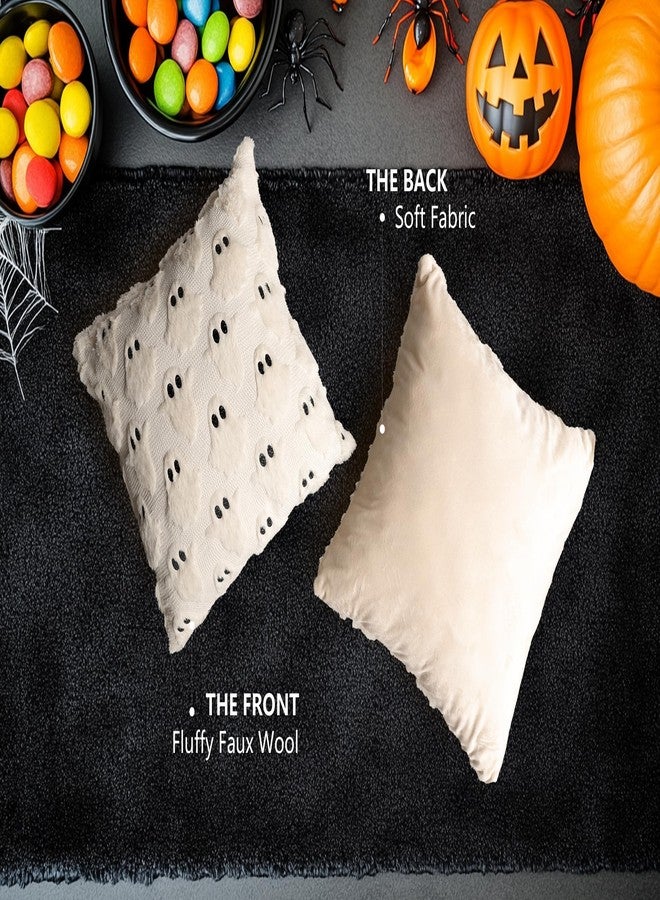 4TH Emotion Halloween Ghost Decorative Pillow Covers 18x18 Set of 2, Beige Soft Plush Faux Fur Farmhouse Throw Cushion Cases for Fall Autumn Holiday Home Decorations - Image 5