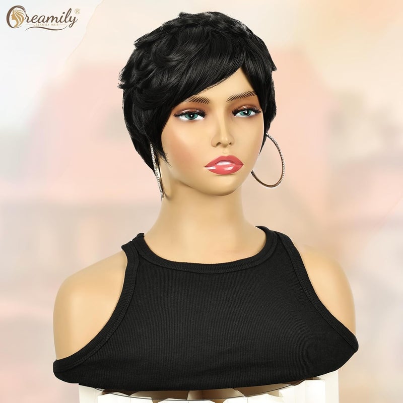 creamily باروكات قصيرة سوداء مموجة للنساء، باروكة شعر طبيعية كاملة مصنوعة من الألياف الاصطناعية للنساء، باروكة شعر مجعد للاستخدام اليومي، باروكة تنكرية لعيد الهالوين - Image 3