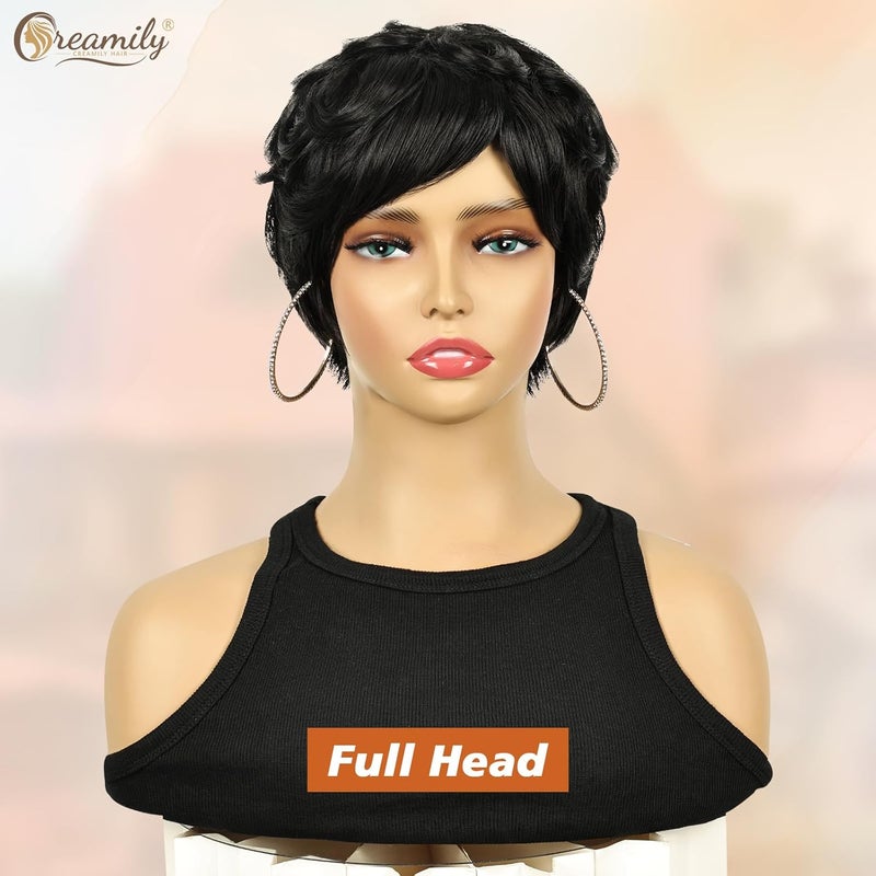 creamily باروكات قصيرة سوداء مموجة للنساء، باروكة شعر طبيعية كاملة مصنوعة من الألياف الاصطناعية للنساء، باروكة شعر مجعد للاستخدام اليومي، باروكة تنكرية لعيد الهالوين - Image 2