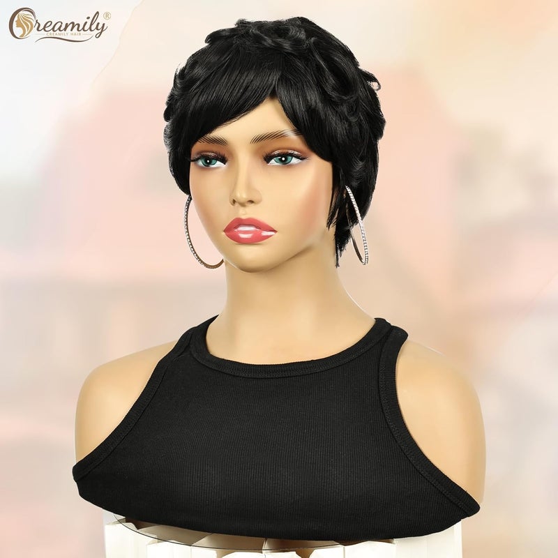 creamily باروكات قصيرة سوداء مموجة للنساء، باروكة شعر طبيعية كاملة مصنوعة من الألياف الاصطناعية للنساء، باروكة شعر مجعد للاستخدام اليومي، باروكة تنكرية لعيد الهالوين - Image 4