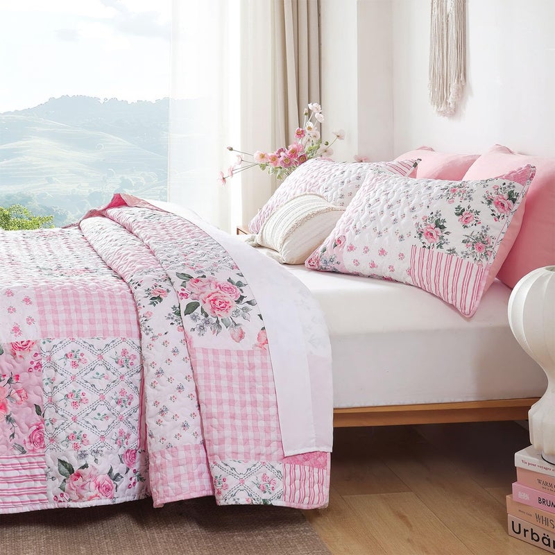 YIKUSH Quilt Sets Twin Size Floral Quilt Set 2 Pieces Bedding Set Bedspreads Pink Comforter Blanket with 1 Pillow Cases- Ultra Soft Floral Coverlet with Printed Pattern 66in.x 90in. - Image 2