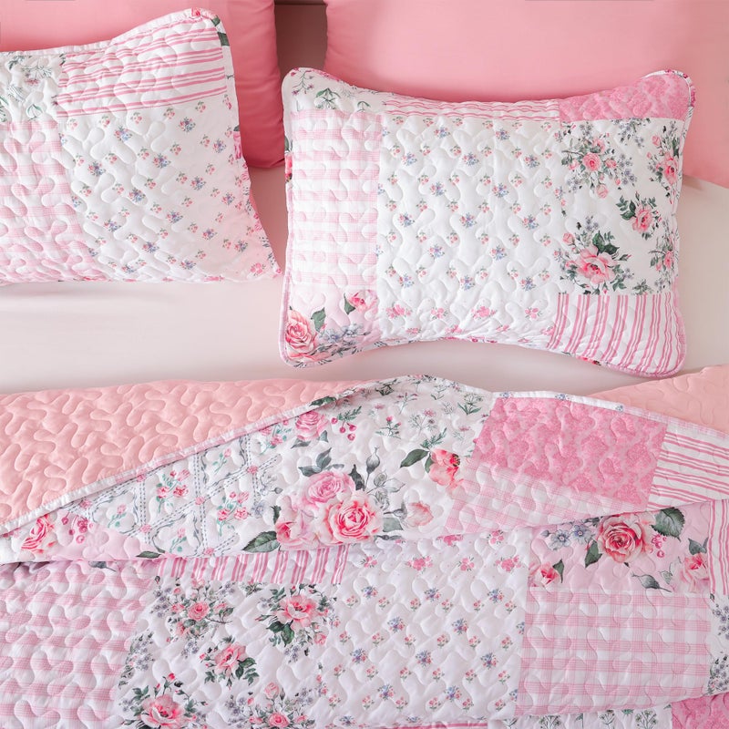 YIKUSH Quilt Sets Twin Size Floral Quilt Set 2 Pieces Bedding Set Bedspreads Pink Comforter Blanket with 1 Pillow Cases- Ultra Soft Floral Coverlet with Printed Pattern 66in.x 90in. - Image 3