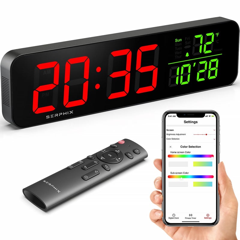152 Gym Timer App Remote Control Customizable LED Colors Temperature Date Workout Interval Timer Stopwatch Countdown Large Digital Wall Clock for Home Gym Garage