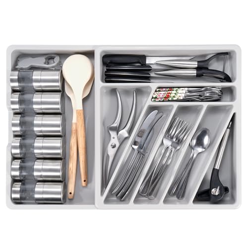 Li & Zhao Li&Zhao Silverware Organizer - Expandable Kitchen Drawer Organizer Cutlery Drawer Organizer Flatware Organizer for Drawer Utensil Tray for Kitchen Plastic Silverware Holder for Spoons Knives Forks - Image 1