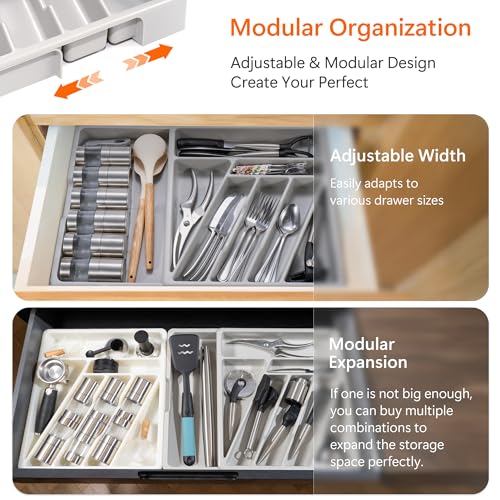 Li & Zhao Li&Zhao Silverware Organizer - Expandable Kitchen Drawer Organizer Cutlery Drawer Organizer Flatware Organizer for Drawer Utensil Tray for Kitchen Plastic Silverware Holder for Spoons Knives Forks - Image 3