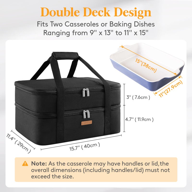 LUNCIA Insulated Double Decker Casserole Carrier, Lasagna Lugger Tote Keeps Food Hot or Cold, Thermal Lunch Bag for Potluck Parties, Picnic and Cookouts, Fits 9" x 13" Baking Dish, Black - Image 2