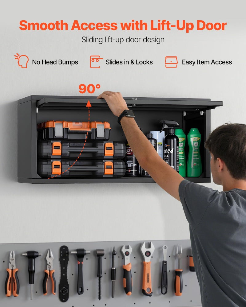 VEVOR Metal Wall Cabinet, 30.31W x 12.01D x 14.02H Inch, Floating Garage Tool Cabinet with Up-Flip Door, 120 lbs Load per Shelf, Fit for Garage, Basement, Kitchen, Warehouse, Assembly Required - Image 4