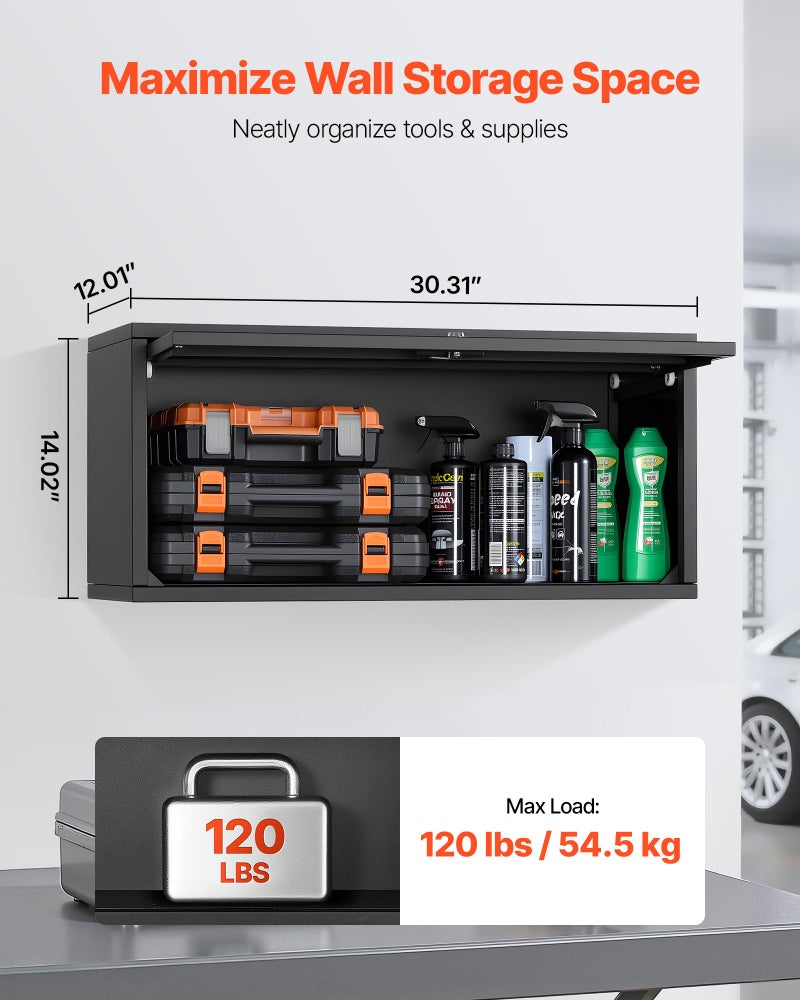 VEVOR Metal Wall Cabinet, 30.31W x 12.01D x 14.02H Inch, Floating Garage Tool Cabinet with Up-Flip Door, 120 lbs Load per Shelf, Fit for Garage, Basement, Kitchen, Warehouse, Assembly Required - Image 2
