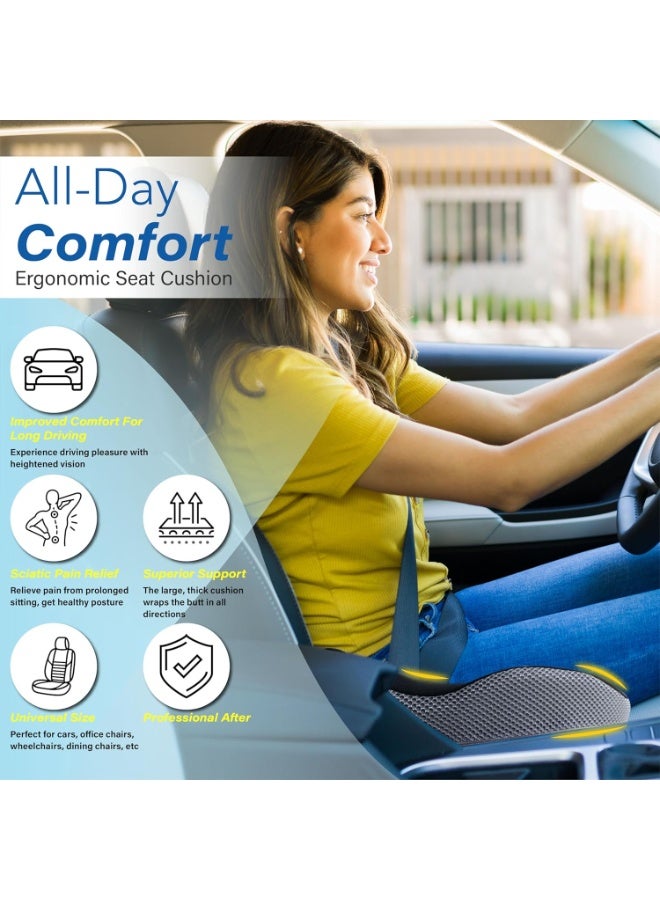 Car Seat Cushion, Ergonomic Memory Foam Car Cushion for Sciatica Pain Relief, Larger Driving Seat Pillow for Short Drivers on Long Drives -  Pillow for Truck, Office, Wheelchair - BlackGray - Image 2