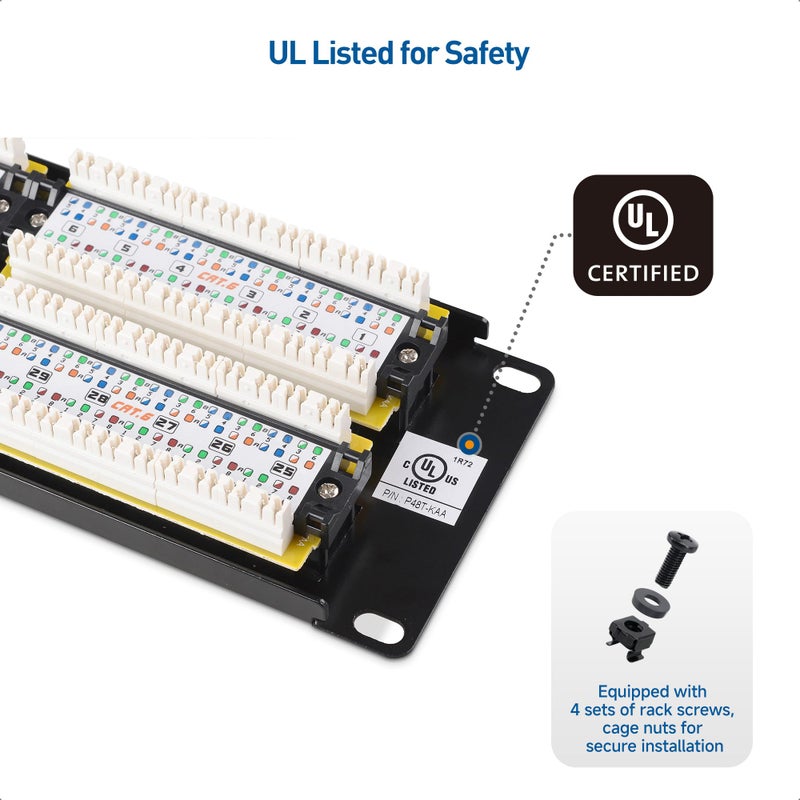 Cable Matters كابل ماترز لوحة تصحيح الشبكة 48 منفذ 2U مثبتة على الرف أو الحائط (لوحة تصحيح Cat6 مقاس 19 بوصة / لوحة تصحيح RJ45) لمفتاح الشبكة جيجابت، متوافقة مع أدوات التأثير 110 أو كرون - Image 5
