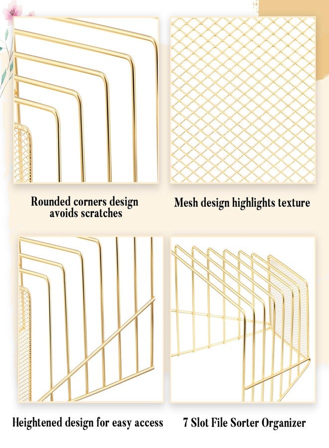 Chivertion 2 Pcs 7 Slot Incline File Sorter Metal Wire Mesh File Racks for Desktop File Letter Sorter for Magazine Folder Book Organizer Home School Office Paper Mail Desk Storage Holder (Golden) - Image 4
