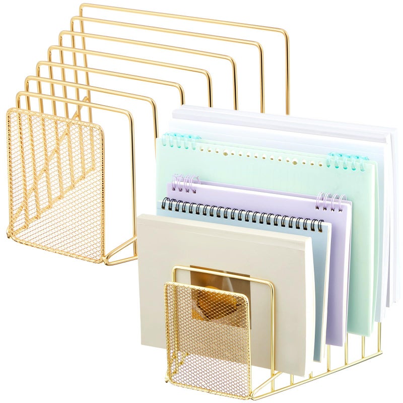 Chivertion 2 Pcs 7 Slot Incline File Sorter Metal Wire Mesh File Racks for Desktop File Letter Sorter for Magazine Folder Book Organizer Home School Office Paper Mail Desk Storage Holder (Golden) - Image 1