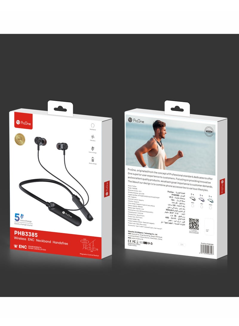 ProOne PHB3385 Wireless ENC Neckband Handsfree – 100 Hours Playtime, Vibration Alerts, 5 Voice Effects, Magnetic Design - Image 3