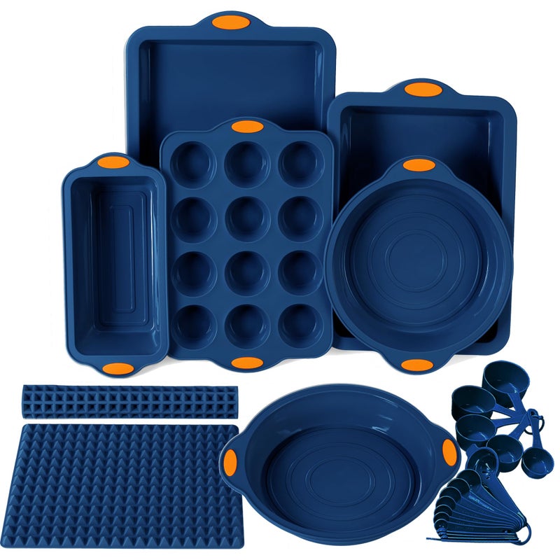 To encounter 8 in 1 Silicone Baking Set - 6 Cake Molds - 2 Silicone Baking Mat, Nonstick Cookie Sheet, Cake Muffin Bread Pan with Grips and Metal Reinforced Frame More Strength, Navy Blue - Image 1