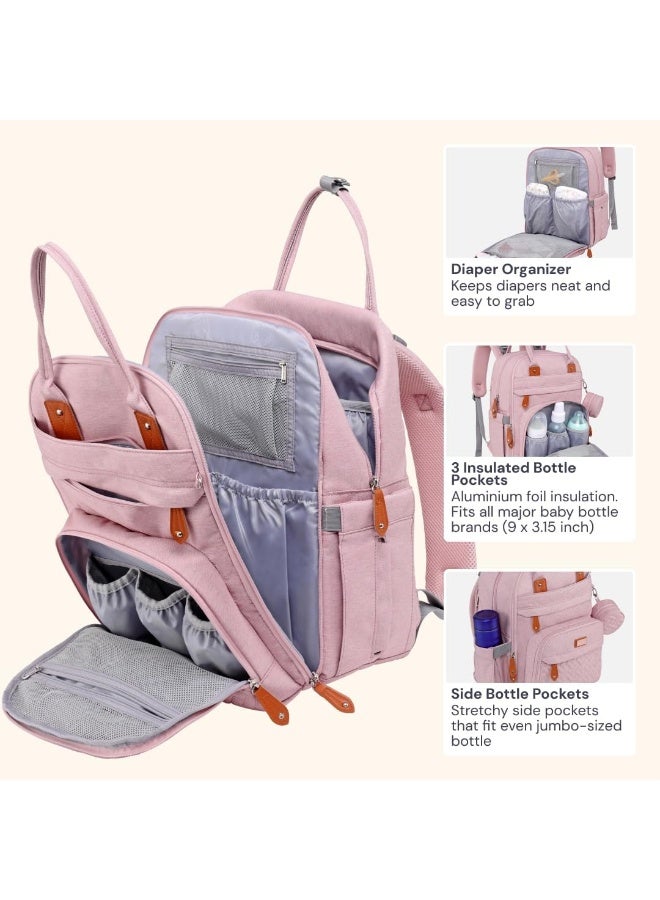 BabbleRoo BabbleRoo Diaper Bag Backpack - Baby Essentials Travel Tote Multi function Waterproof Bag, with Changing Pad, Stroller Straps & Pacifier Case Unisex, Pink - Image 3