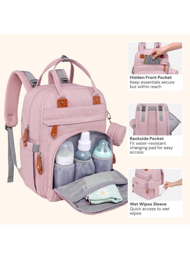 BabbleRoo BabbleRoo Diaper Bag Backpack - Baby Essentials Travel Tote Multi function Waterproof Bag, with Changing Pad, Stroller Straps & Pacifier Case Unisex, Pink - Image 4