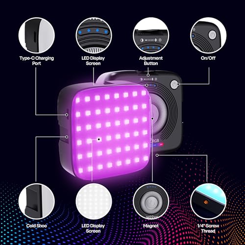 DRAVINA RGB LED Video Light for Selfie Photography Vlogging with Clip, Screw, Cold Shoe Mount & Type C Cord|126 LED Beads, 2000mAh Battery| 3000K-9000K Dimmable & Rechargeable (Multi Colour RGB) - Image 2