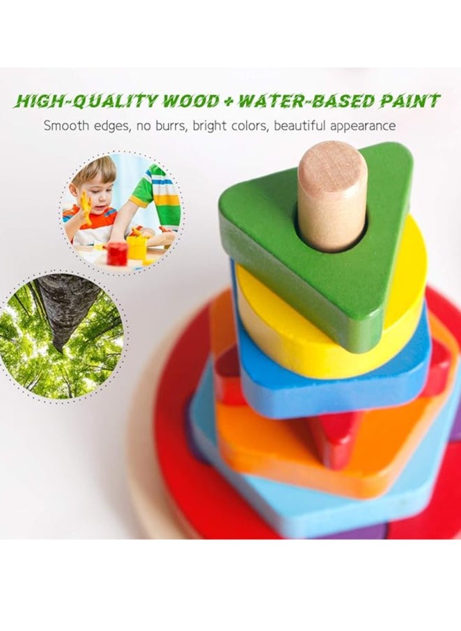 Generic - Wooden Toys Rainbow Tower Sorting Stacking Rings Building Puzzles Toys Educational Color Geometric Shape Recognition - Image 1