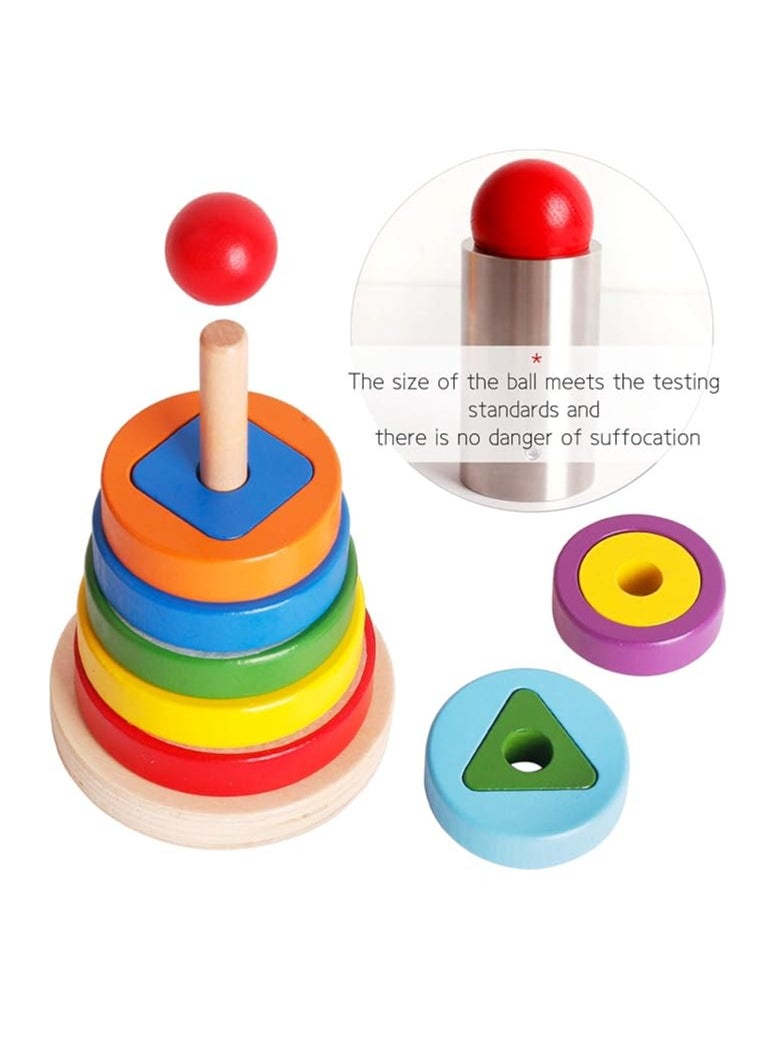 Generic - Wooden Toys Rainbow Tower Sorting Stacking Rings Building Puzzles Toys Educational Color Geometric Shape Recognition - Image 1