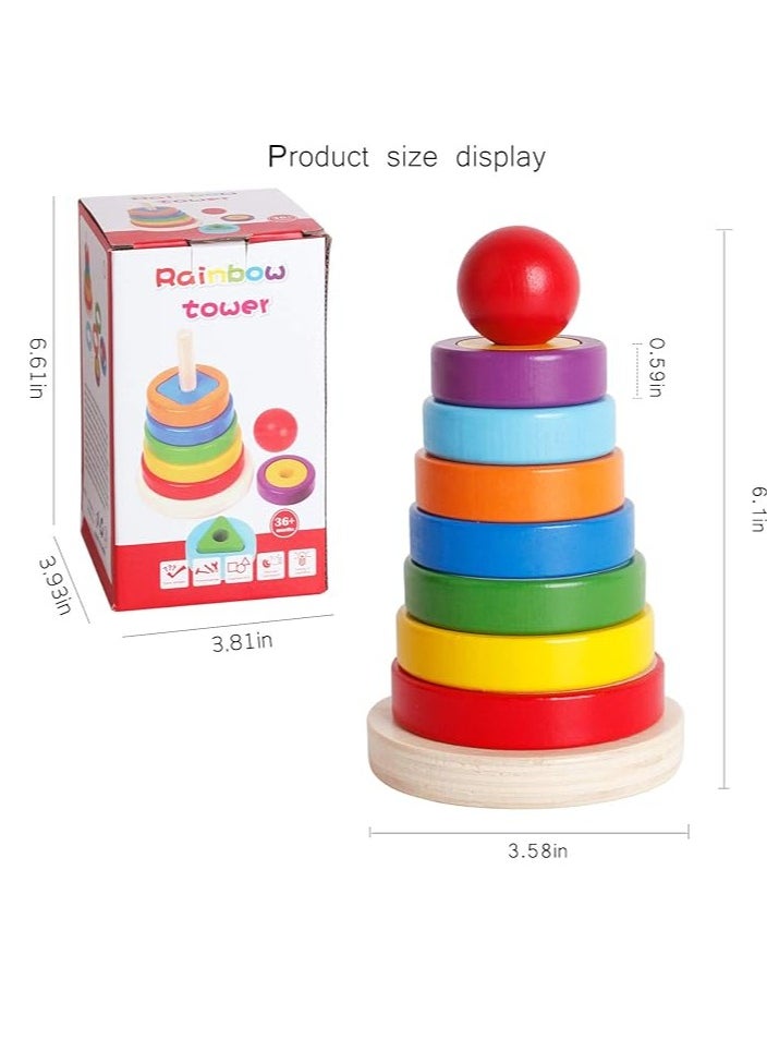 Generic - Wooden Toys Rainbow Tower Sorting Stacking Rings Building Puzzles Toys Educational Color Geometric Shape Recognition - Image 1
