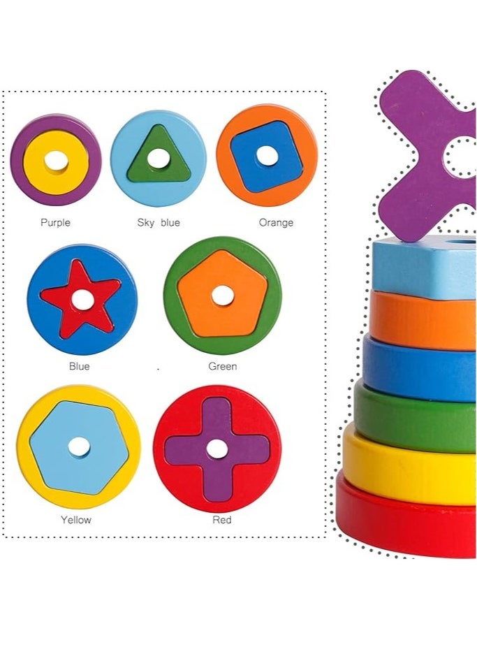 Generic - Wooden Toys Rainbow Tower Sorting Stacking Rings Building Puzzles Toys Educational Color Geometric Shape Recognition - Image 1