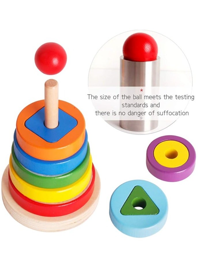 Generic - Wooden Toys Rainbow Tower Sorting Stacking Rings Building Puzzles Toys Educational Color Geometric Shape Recognition - Image 1