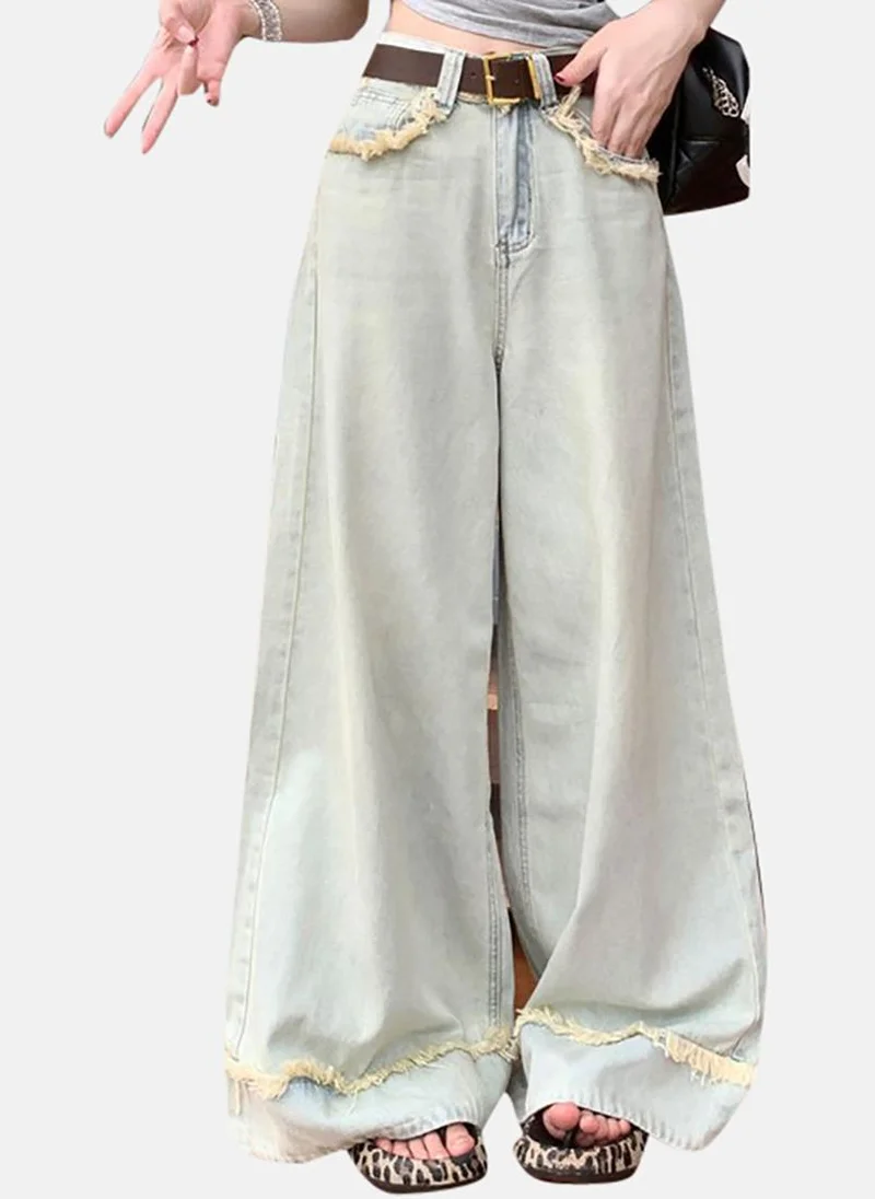 يونيكي Blue Solid Low Rise Relaxed Wide Leg Jeans