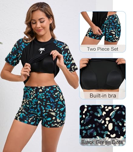 Halcurt Women's Rash Guard Shelf Bra Two Piece Swimsuit Sun Protective Black 2XL - Image 3
