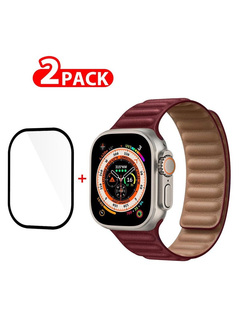 CATANES - 2 Packs For Apple Watch Band 49mm Leather Link Strap Magnetic Loop Bracelet and 3D Screen Protector Dark Red - Image 1