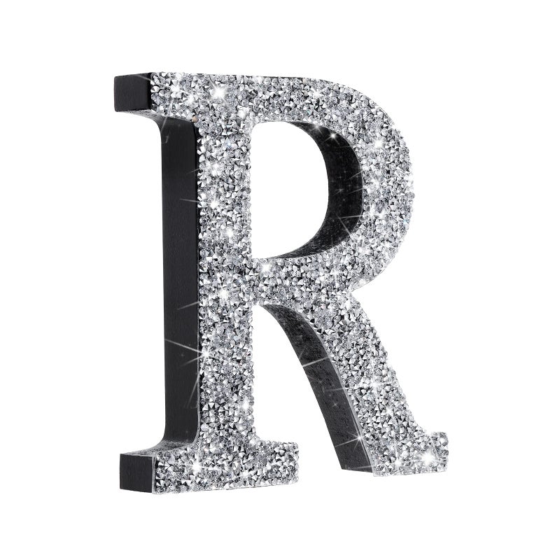 Qunclay Silver Crystal Diamond Bling Letters Crushed Diamond Decoration Wooden Glitter Letter with Screw and Hooks Rhinestone Gift for Valentine Y2k Mcbling Bedroom Wall Decor(Letter R,5.7"l X 5.7"w) - Image 1