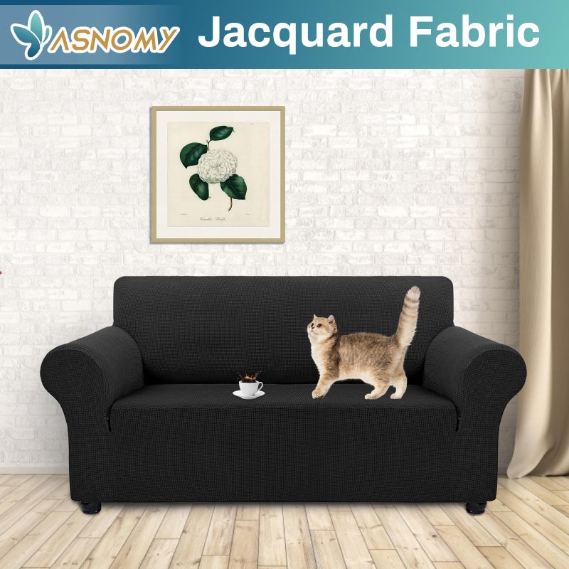 Asnomy Sofa Covers for 2 Cushion Couch Stretch loveseat Cover Slipcovers  Pet Protector Furniture Covers for Dogs Cats Spandex Jacquard Fabric Small Checks(Medium  Black) - Image 2