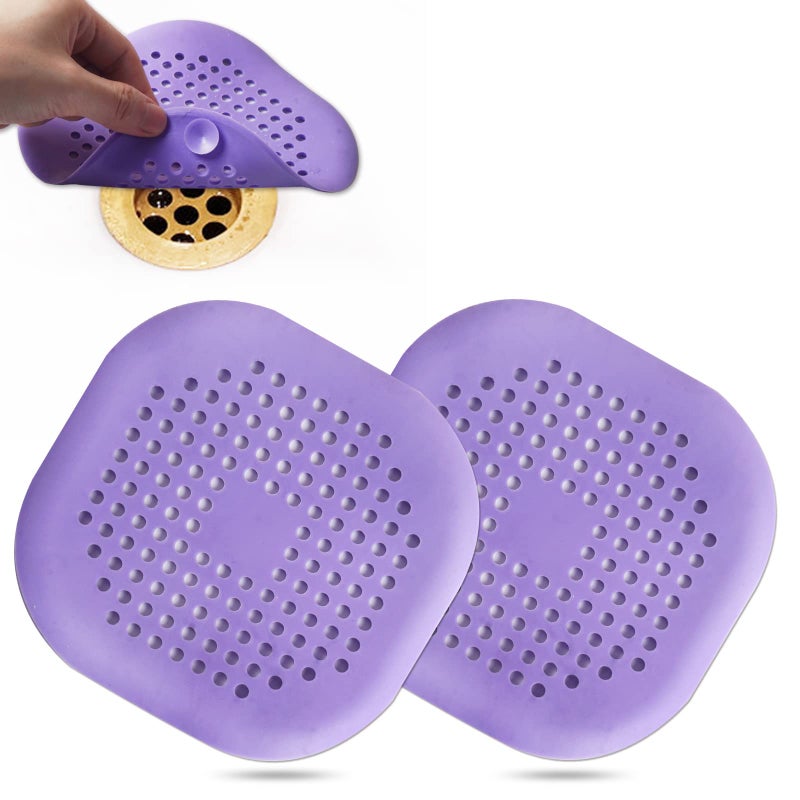 Hair Drain CatcherSquare Drain Cover for Shower Silicone Hair Stopper with Suction CupEasy to Install Suit for BathroomBathtubKitchen 2 Pack Purple