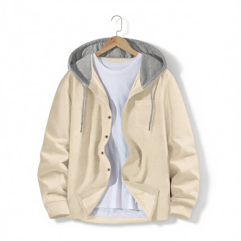 Men's Waffle Knit Button Hooded Cardigan Casual Sports Jacket