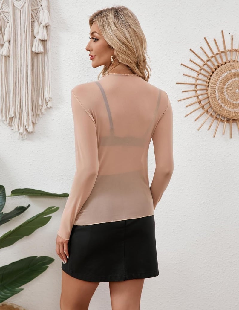 Zeagoo Long Sleeve Mesh Tops for Women Sexy Clubwear Party Shirt Fitted Dressy Casual Sheer Workout Blouse Light Tan L - Image 4