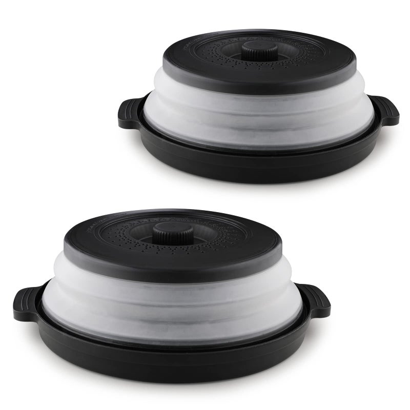 Genaric Buigery 2 Pack Microwave Food Covers, Microwave Covers for Food Collapsible Microwave Splatter Cover, 10.6" Microwave Covers Set with Tray (Black)