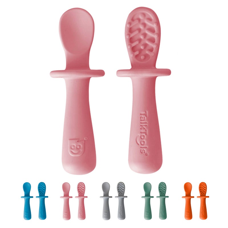 TalkTools ITSY Tiny Silicone Spoons - Twin Pack Soft Silicone Self-Feeding Training Spoons for Kids & Toddlers, Anti-Choking Flange Guard and Non-Slip Handle (Bubblegum) - Image 1