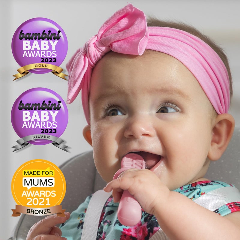 TalkTools ITSY Tiny Silicone Spoons - Twin Pack Soft Silicone Self-Feeding Training Spoons for Kids & Toddlers, Anti-Choking Flange Guard and Non-Slip Handle (Bubblegum) - Image 4