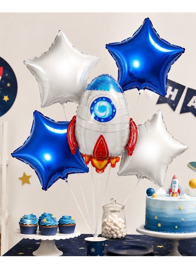 مجموعة بالونات عيد ميلاد بتصميم صاروخ فضائي، 5 قطع - بالون فويل كبير على شكل صاروخ فضائي + بالونان على شكل نجمة زرقاء ملكية + بالونان على شكل نجمة فضية، زينة لحفلات أعياد ميلاد الأولاد بطابع الفضاء الخارجي والمجرة، لوازم حفلات أعياد ميلاد الأطفال - Image 4