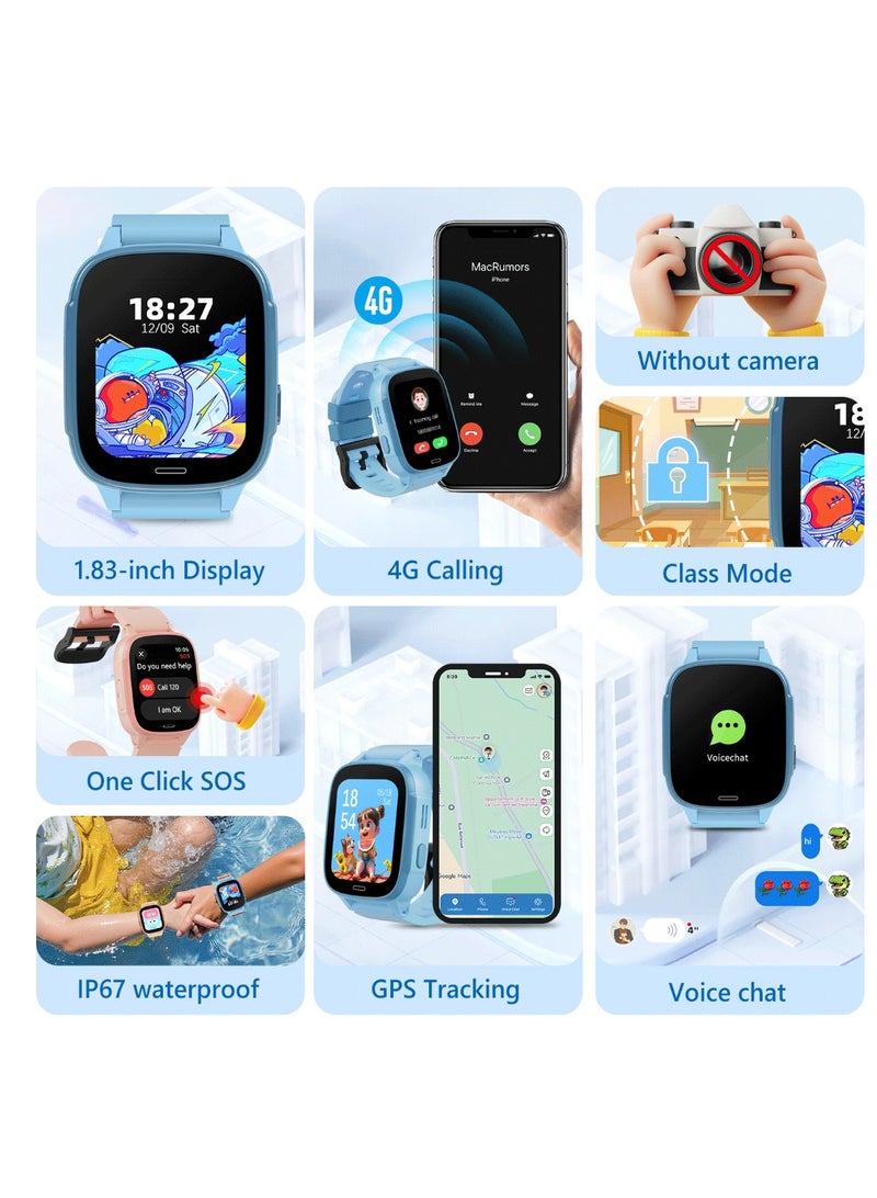 G-Tab WK1 SE 4G GPS Kids Smartwatch for Boys – Real-Time GPS Tracker, 4G Calling, SOS Safety Watch, 1.83" Display, IP67 Waterproof, Up to 4 Days Battery Life, SIM Support, Parental Control Watch for Kids Blue - Image 2