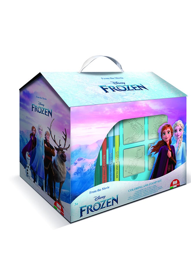 MULTIPRINT Frozen House Creative Stamping And Coloring Set For Kids Includes 7 Wooden Stamps, Washable Ink, 7 Markers, Drawing Book And More Made In Italy  - Image 1
