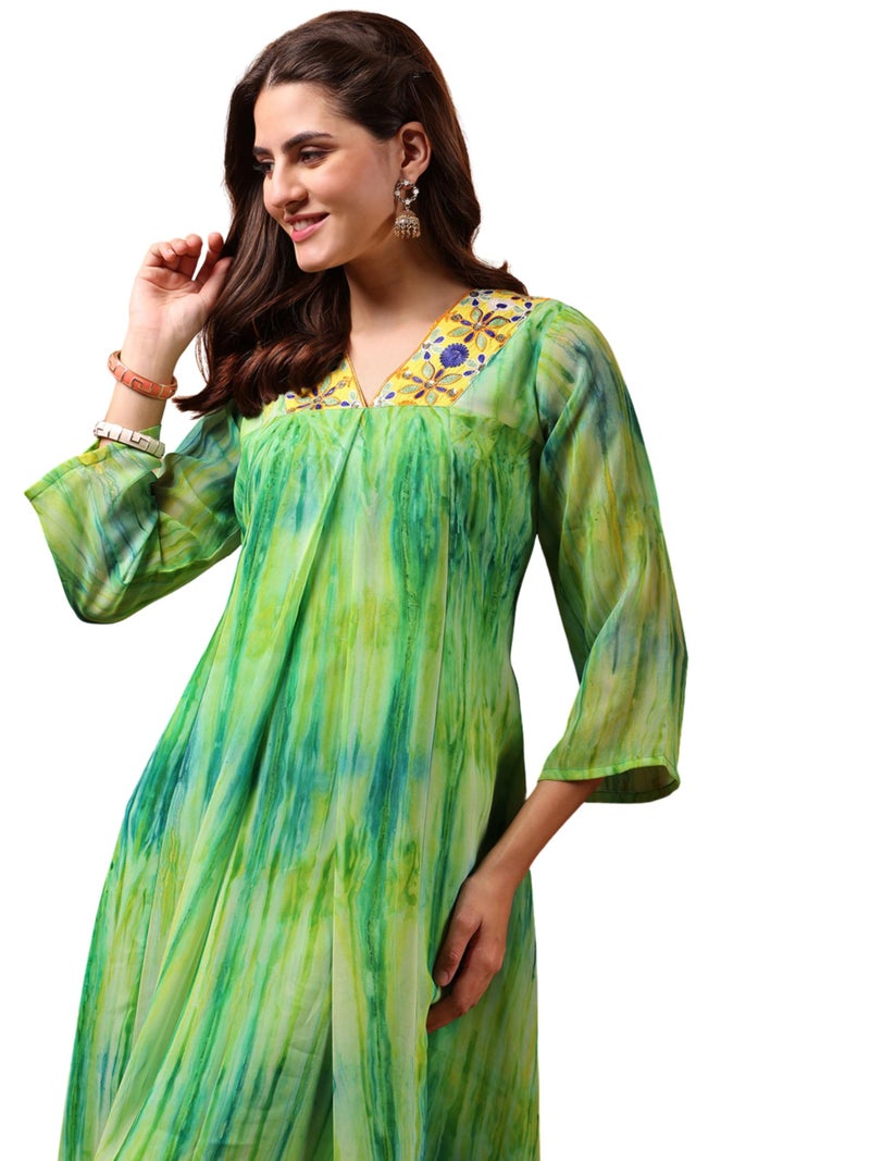 EthnicJunction Women's Green Georgette A-line Embroidered Anarkali Kurta with 3/4 Sleeve for Office, Casual, Evening & Summer Wear - Image 1